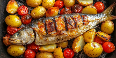 Flat lay of whole grilled trout fish with potatoes and tomatoes baked on coals in black skillet, delicious and healthy dish from seafood