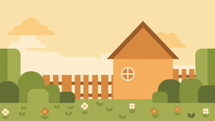 Fototapeta premium Illustration of a house with a fenced garden and flowers viewed from the front in a serene landscape