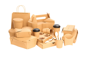 3d rendering mockup. Disposable catering and street fast food boxes. Brown craft paper bag cups carton. Eco recycling product packaging delivery service cardboard.