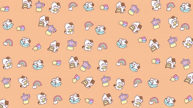 Cats, sweets, and rainbows in a whimsical pattern. Ideal for childrensthemed products, stationery, packaging, and textiles.