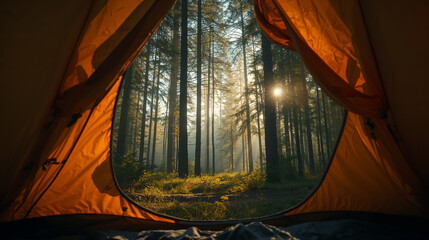 View from inside a tent looking out at a sunlit forest with tall pine trees and morning mist