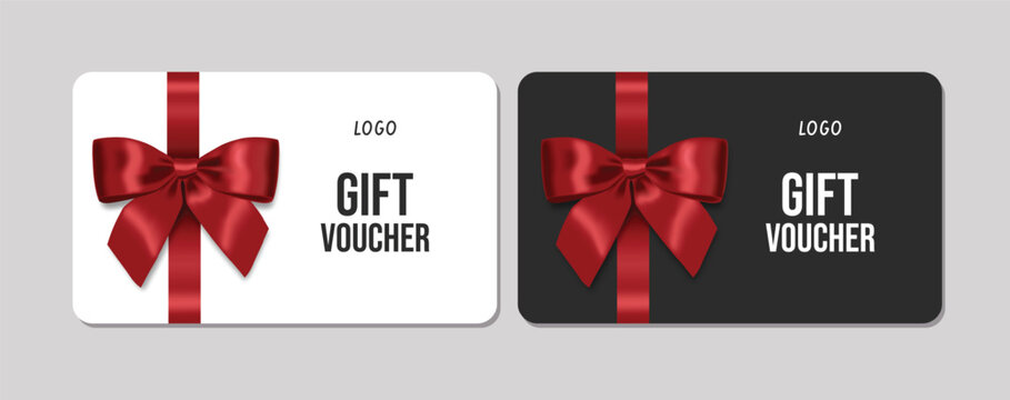 3d realistic gift cards with a ribbon bow. Gift Certificate Template, Sale Card, Birthday, Christmas	