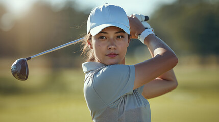 Young woman golfer in action, swinging a club on a sunny day at the golf course