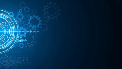 Naklejka premium A futuristic digital illustration of glowing blue gears and circuits on a dark background