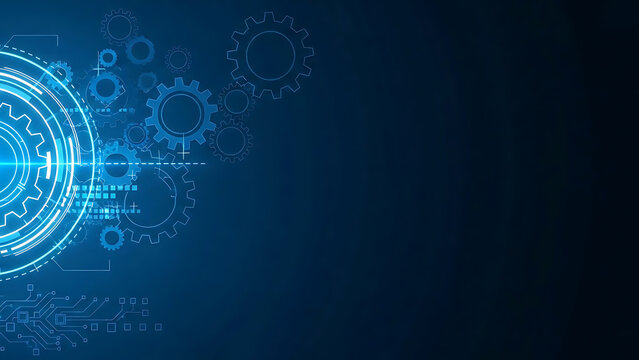 A futuristic digital illustration of glowing blue gears and circuits on a dark background - Powered by Adobe