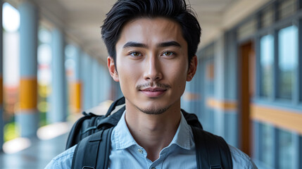 Young Asian man with backpack looking confidently at the camera in a modern hallway