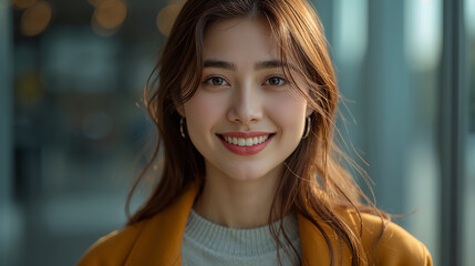 Young woman with a warm smile and long brown hair, wearing a stylish yellow jacket