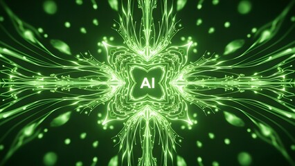 Conceptual illustration of a digital brain, showing the power of AI and machine learning through glowing green circuit lines and a central AI icon in a cyber wo