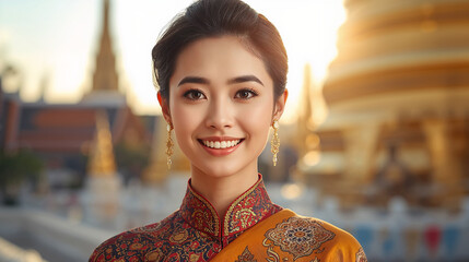Beautiful Thai woman in traditional clothing smiling warmly with golden temple background at sunset