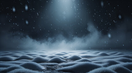 Mysterious winter landscape with falling snow and ethereal mist creating a serene atmosphere