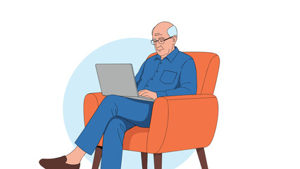 Senior man sitting comfortably in orange armchair while using laptop computer for communication or remote learning at home.