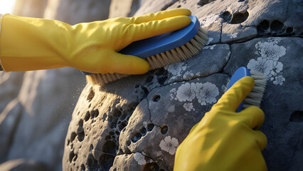 Hands in yellow gloves scrubbing lichen off a grey rock with blue brushes.