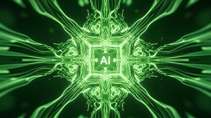 A vibrant green glowing circuit board illustration with AI in the center, representing artificial intelligence and futuristic technology concepts. High-tech dig