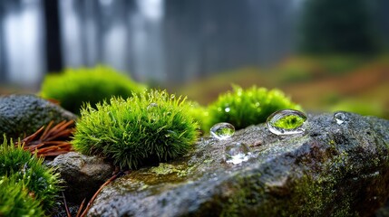 Macro Shot of Lush Green Moss with Fresh Water Droplets on a Rock