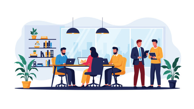 Diverse group of professional employees working together in a modern open plan office space equipped with laptops and comfortable seating.