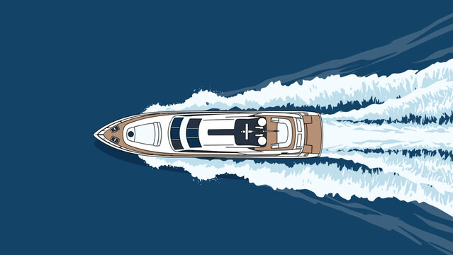 High angle aerial view of a luxury motor yacht cruising across the deep blue ocean water leaving a white foamy wake behind as it moves fast.