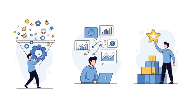Modern business process workflow illustrating stages from initial data collection and funnel analysis to successful project completion.