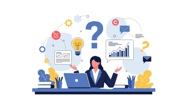 Stressed businesswoman sitting at her desk feeling overwhelmed by a high volume of data reports, emails, and complex questions at work.