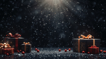 Elegant gift boxes with festive ribbons and falling glitter on a dark background