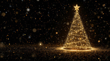 Elegant golden Christmas tree sparkling with lights and falling glitter on a dark background