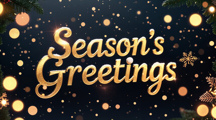 Elegant golden "Season's Greetings" text with festive bokeh and snowflakes