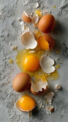 Broken eggs with transparent shells and yolks strewn across a gray surface