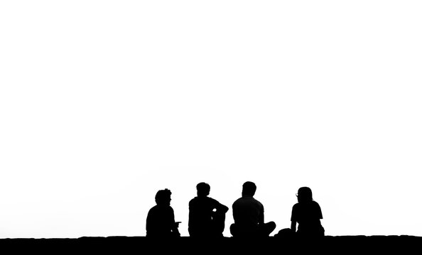 back rear view of Silhouette of 4 for young students friends travelers on top of wall fence watching at far away talking sky heaven Isolated on white background Illustration Team Group Unrecognizable
