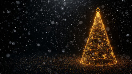 Elegant golden Christmas tree illuminated with sparkling lights and falling snow
