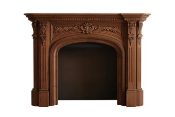 Ornate Wooden Fireplace Mantel carved brown isolated on a transparent background
