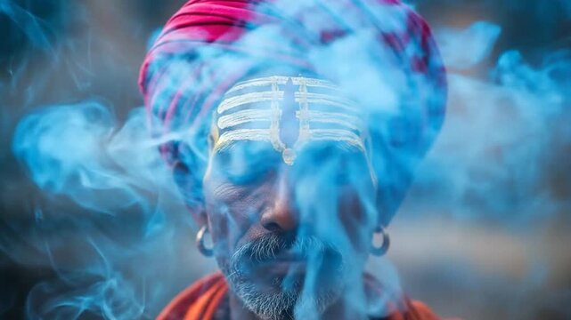 Indian Sadhu in Pink Turban Engulfed in Blue Mystical Smoke