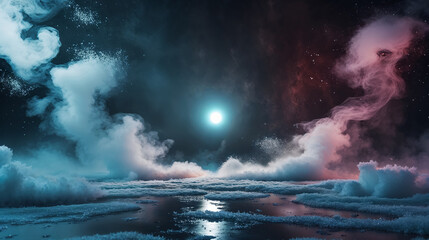 Surreal cosmic landscape with glowing orb and swirling nebulae in deep space