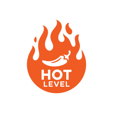 Fiery chili pepper icon with flames and the text hot level displayed