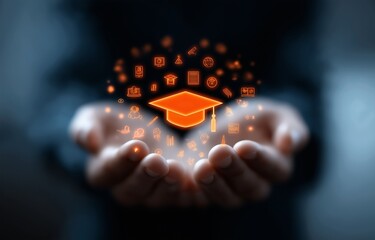 An unidentified individual with faceless hands clutching a bright graduation cap is surrounded by learning symbols that stand for professionalism and knowledge