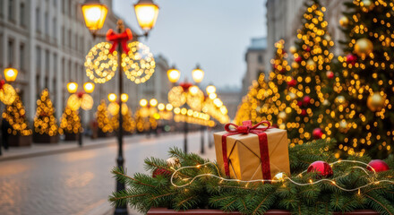 Obraz premium Festive Cityscape with Gift and Lights A Charming Urban Scene Featuring a Wrapped Present Amidst Garland and Illuminated Street Lamps Creating a Warm and Inviting Atmosphere