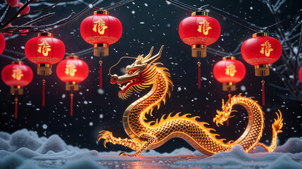 Golden dragon and red lanterns in snow, celebrating Chinese New Year with festive decorations