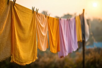 Cloths of various colors hang on a line as the sun rises in a rural setting. The scene shows everyday life and laundry drying