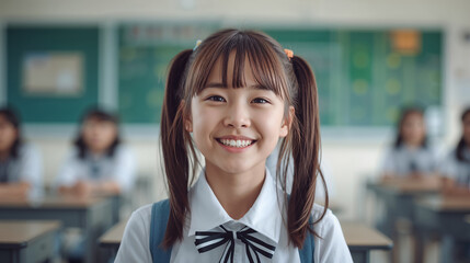 Smiling young schoolgirl with pigtails in a classroom, looking directly at the camera