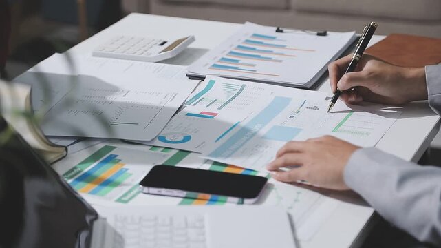Asian male financial officer or accountant checking investment results Financial budget analysis Planning to summarize results and report to the meeting Audit concept and investment results.