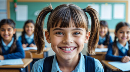 Happy elementary school girl with pigtails smiling in a classroom setting