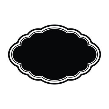 A black label with a decorative white border with a cloud like shape