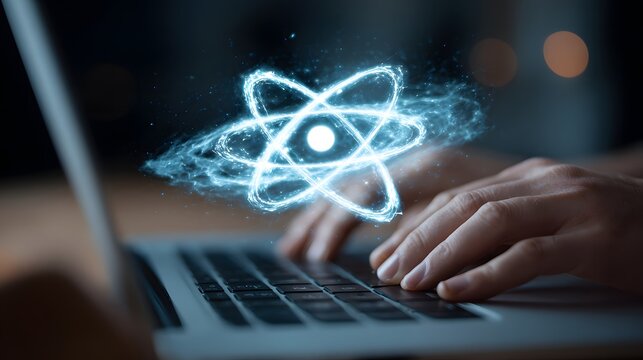 The future of quantum technology is depicted with a glowing atomic energy symbol floating above a laptop keyboard, representing artificial intelligence, advanced computing, digital innovation, and tec