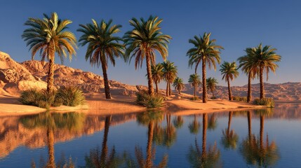 Fototapeta premium Peaceful Desert Oasis with Palm Trees and Water Reflection