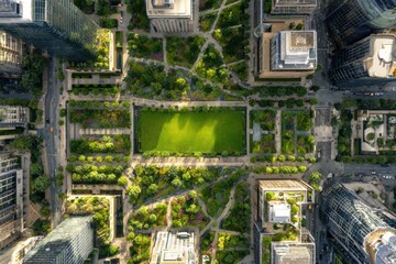 Urban Oasis: Green Space and Skyscrapers in a Modern City Center View