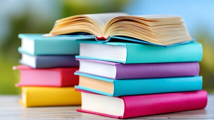 Fototapeta premium Stack of colorful hardcover books with an open book on top against a blurry outdoor background