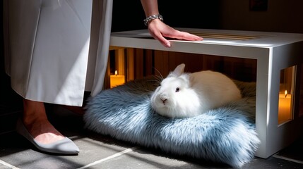 A cozy white rabbit lying on a soft blue cushion while a person gently places a hand on a wooden table