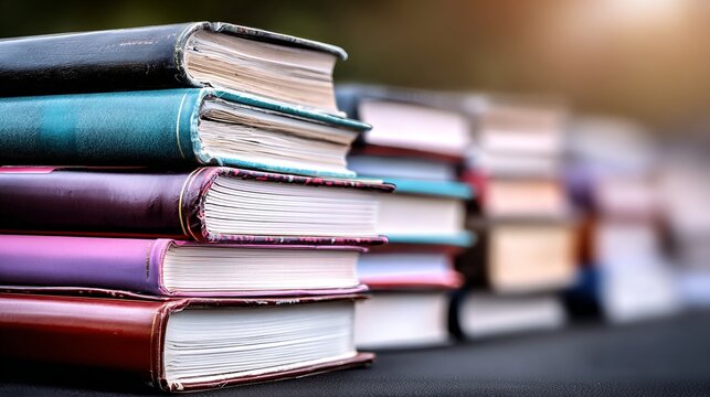 Stack of colorful books arranged on a table with blurred stacks in the background
