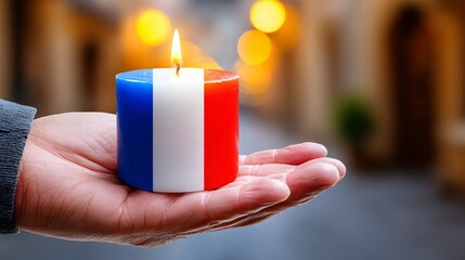 Hand holding a candle with French flag colors against a softly blurred street backdrop