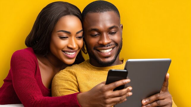 Smiling Couple Enjoying Digital Devices Against a Bright Yellow Background - Powered by Adobe