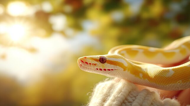 Close-up of a Yellow Python Relaxing in the Sunlight on a Cozy Knitted Fabric