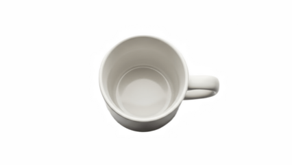 Simple white ceramic coffee mug viewed from above, classic blank cup for hot tea, coffee, cocoa, custom prints, office kitchens and cozy home moments

